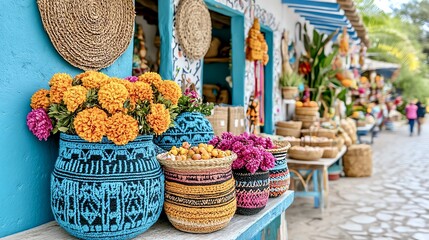 Colorful baskets and vibrant flowers display in a charming market setting.