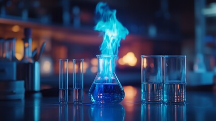 High-detail shot of a Bunsen burner emitting a clear blue flame, test tubes and glass beakers nearby, with the clean, organized lab background softly lit,