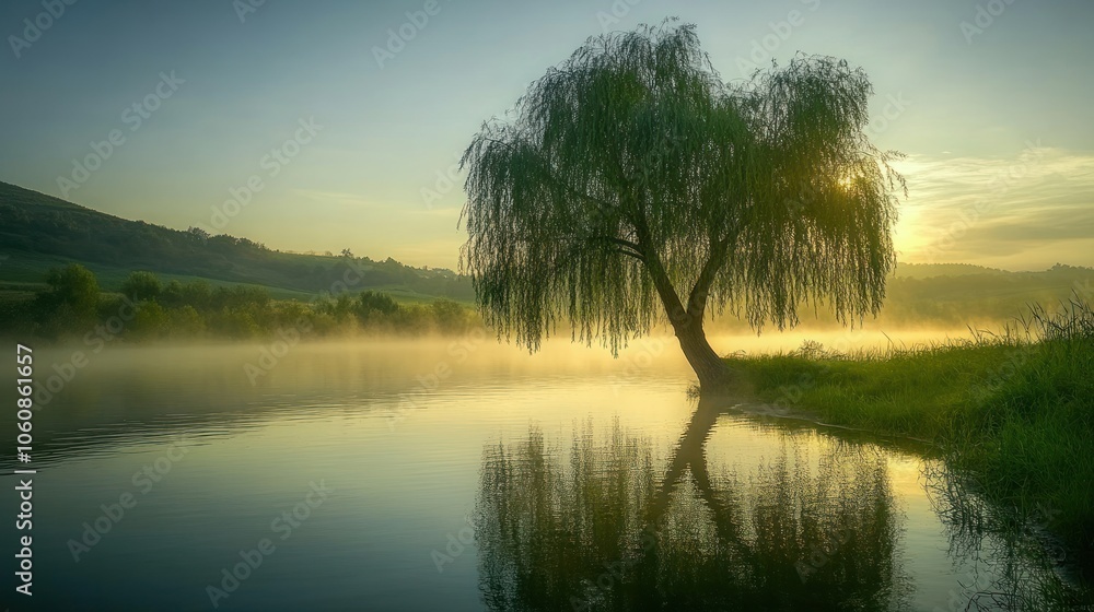 Poster a lone willow tree stands in a misty lake at sunrise, its reflection creating a mirror image in the 