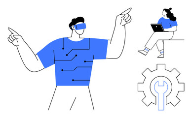 Man wearing VR headset pointing, connected circuits on shirt, woman sitting with laptop, blue gear with wrench. Ideal for technology, VR, future, remote work, innovation, engineering, STEM. Line