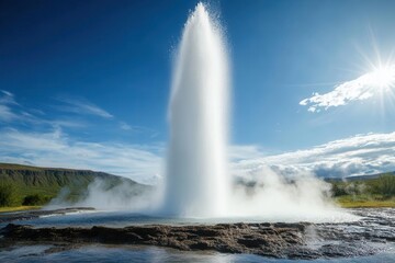 Majestic geyser erupting against a vivid blue sky, creating a stunning natural spectacle.