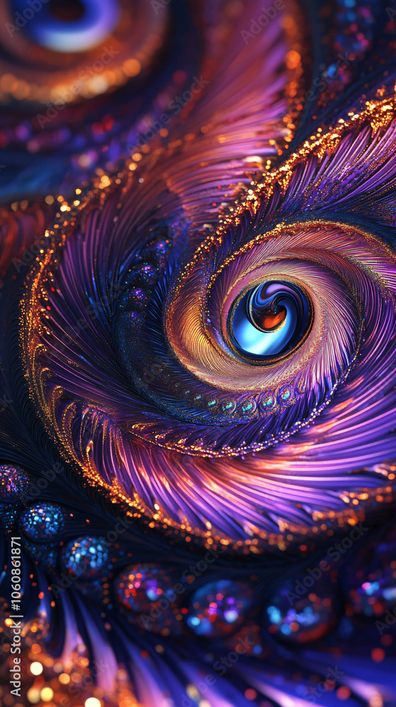 Aufkleber Golden purple feather fractal spiral is creating a magical bokeh effect with colorful bubbles