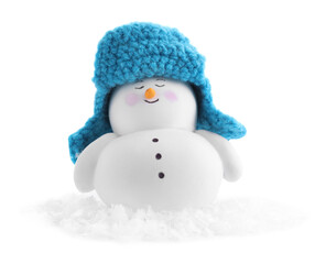 Cute decorative snowman and artificial snow isolated on white