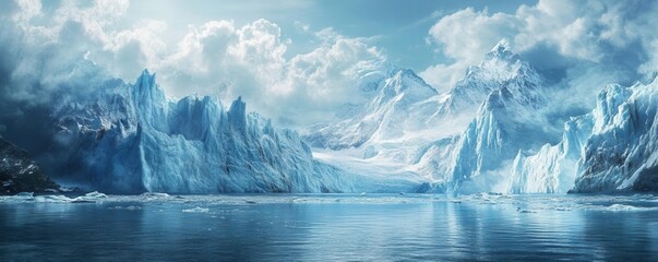 Stunning icy landscape with majestic glaciers and calm waters under a beautiful sky, creating a serene and tranquil scene.