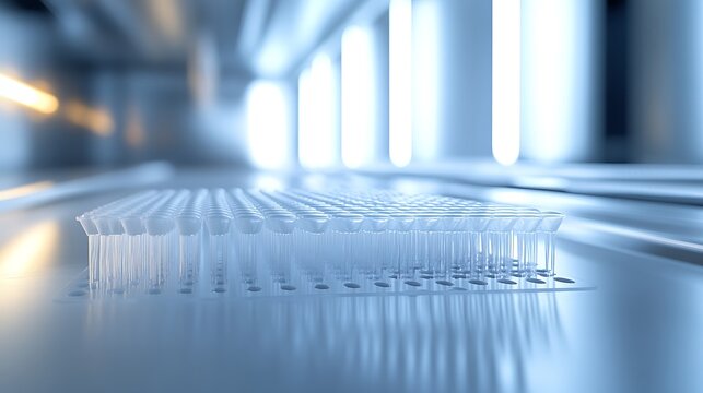 High-resolution image of a rack of pipette tips, each tip sharply in focus, with the clean lines of the lab equipment visible in the background,