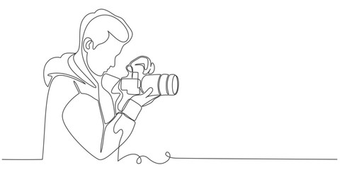 continuous single line drawing of man with DSLR camera taking pictures, line art vector illustration