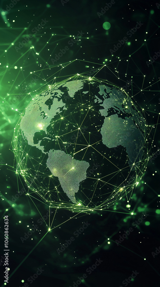 Poster glowing green network grid encircling the earth symbolizes global data connections and information e