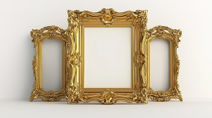 An elegant gold picture frame set in the center of a white surface, displaying its rich texture and gleaming surface, creating a striking contrast for visual appeal