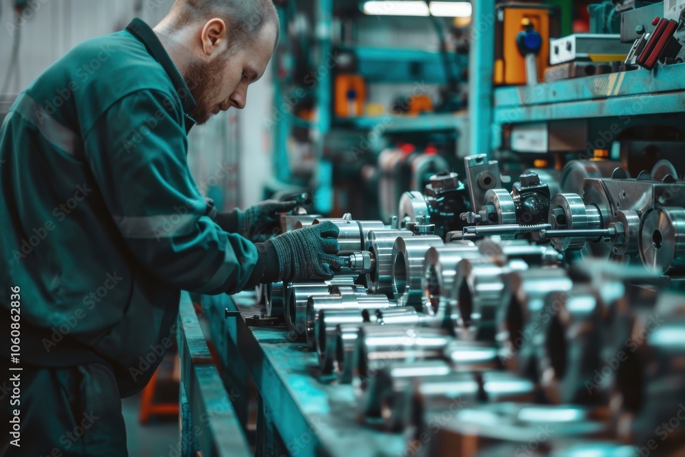 Poster precision engineering workshop: skilled worker adjusting complex machinery for custom metal parts pr