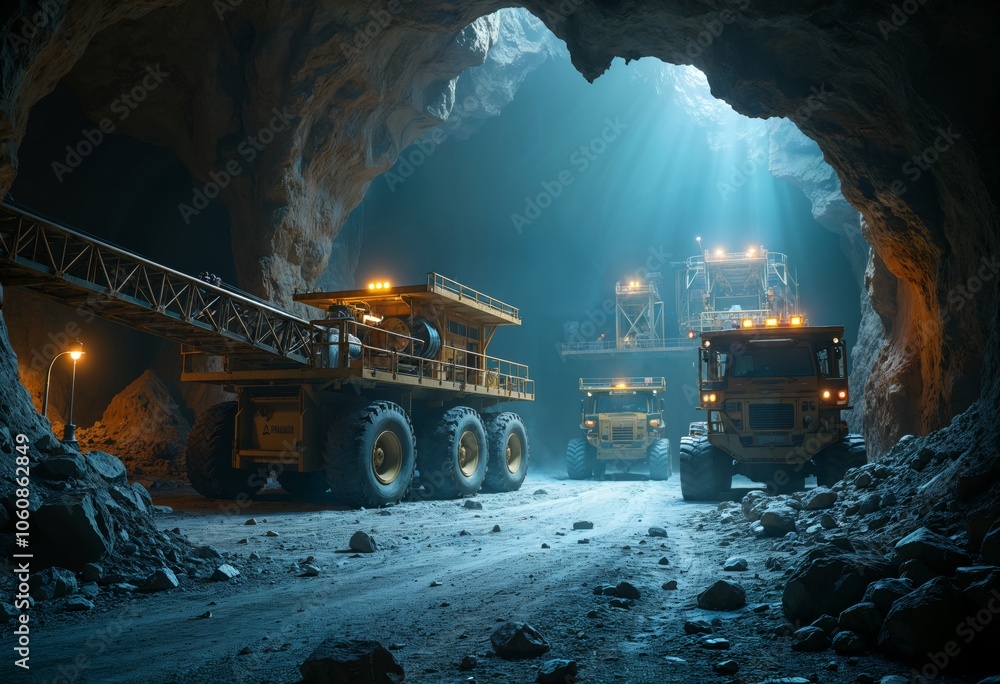 Wall mural heavy machinery operates inside an expansive underground mining tunnel with dramatic lighting in a r