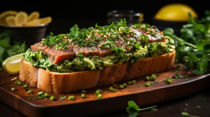 A sandwich with a lot of greens and a piece of meat on top of it