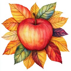 Obraz premium A photostock of an autumn watercolor apple isolated on a white background, with leaves in rich autumn colors surrounding it , isolated on white background