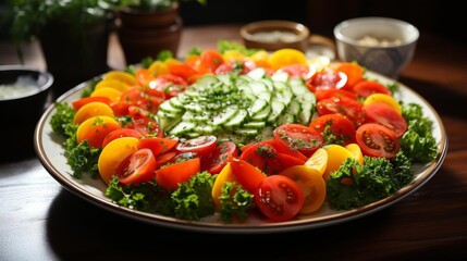 A plate of assorted vegetables including tomatoes, cucumbers, and lettuce