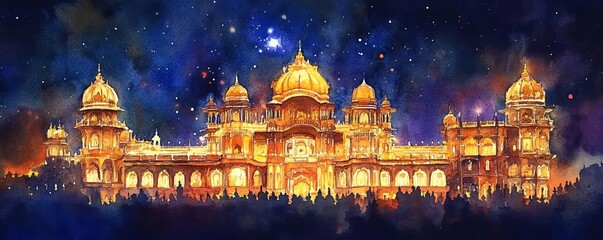 Obraz premium Mystical night at Mysore Dasara with glowing palace and starry sky, Vibrant Festival, Watercolor art, Cultural event