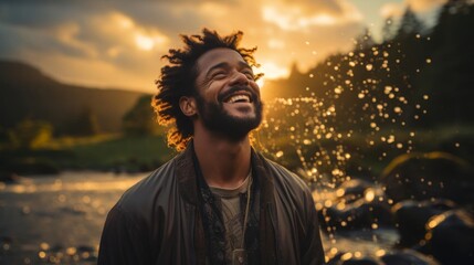 A man with dreadlocks is smiling and spraying water on himself