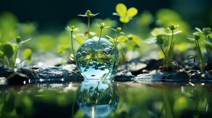 A glass ball with water in it is surrounded by green plants