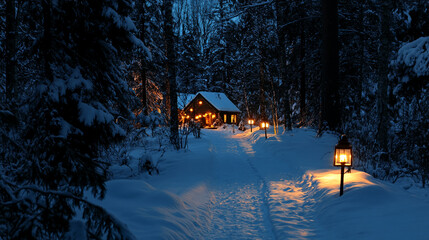 A snow-covered path leads to a cozy cabin nestled in the woods, illuminated by warm lanterns on a winter night