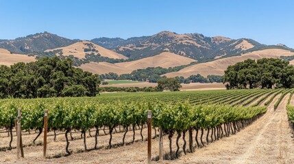 Lush green vineyards with rows of grapevines stretching out toward rolling hills under a bright blue sky.