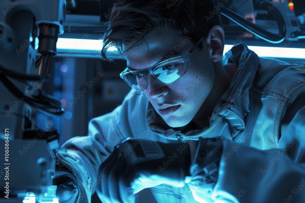 Aufkleber focused assembly line worker adjusting robotic arm in high-tech production environment
