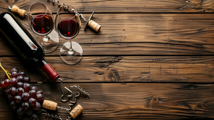 Wine Accessories: Corkscrew, bottles, and glasses with wine on a wooden table, with copy space for additional text or branding.