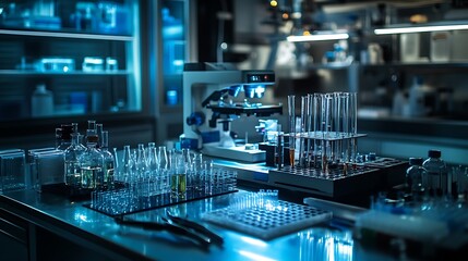 Laboratory workbench with an array of lab tools including glass pipettes and metal tongs, organized in a clean and orderly manner, soft lab lighting creating a sterile, scientific feel --ar 16:9