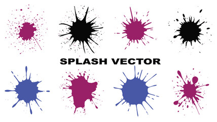 A collection of eight ink splatters in different colors on a white background.
