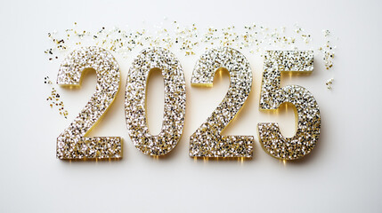 happy new year 2025. New year holiday card with glittered number on white background 