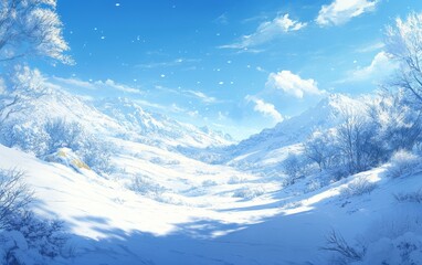 Obraz premium A serene winter landscape with mountains, snow, and a bright blue sky.