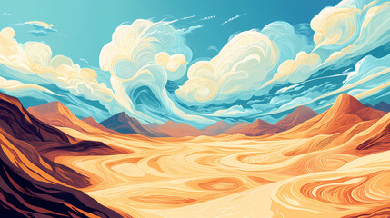 A wind-swept desert landscape with swirling patterns in the sand. Wind-swept Desert. Illustration