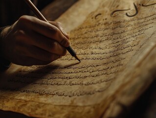 Skilled Calligrapher Crafting Elegant Manuscript With Brush and Ink