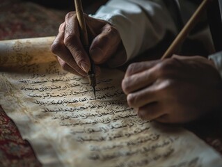 Skilled Calligrapher Meticulously Writing on Ancient Manuscript