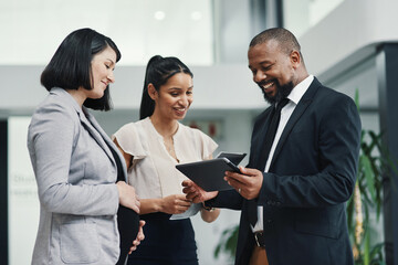 Business people, planning and tablet with conversation, pregnant woman and digital schedule in...