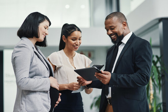Business people, planning and tablet with conversation, pregnant woman and digital schedule in office. Collaboration, teamwork and handover for maternity leave with brand management and company app