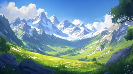 Obraz premium A serene landscape featuring majestic mountains, lush green valleys, and a clear blue sky.