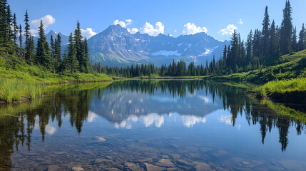 Serene Mountain Lake with Crystal Clear Reflections of Surrounding Peaks and Trees Under a Cloudless Sky
