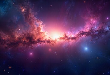 Naklejka premium Vast cosmic vista showcasing vibrant pink and purple hues in interstellar space filled with stars and nebulae under a dark sky