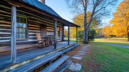 A rocking chair sits on the porch of a rustic log cabin with a beautiful autumn scene in the background.
