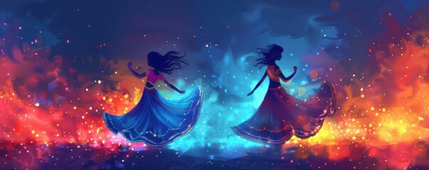 Obraz premium Vibrant illustration of women dancing in colorful traditional outfits, celebrating a joyful Indian festival. Free copy space for text.