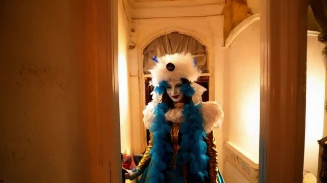 Pasillo de una vivienda de estilo veneciano, aparece una mujer sonriendo disfrazada para el carnaval de Venecia vistiendo de blanco y dorado con estola de plumas azules, la c&aacute;mara se aleja