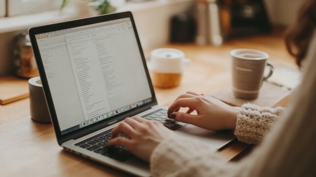 A woman's hands are seen typing on a laptop keyboard. The laptop is open and the screen is showing a document with white text. mockup, blank space