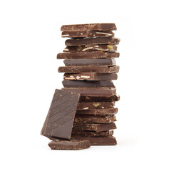 Dark noir chocolate different pieces with salted caramel, splits in stack isolated on white