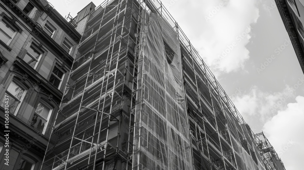 Poster scaffolding wrapped in a safety net to protect workers and passersby below.