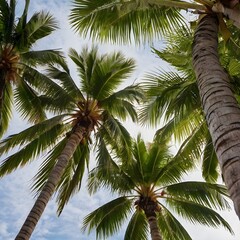 Obraz premium Towering coconut trees under a bright blue sky filled with white clouds. The leaves are fresh green and sway gently in the wind.