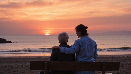 Fototapeta premium Caregiver Supporting Elderly Woman with Alzheimer's Disease at Sunset on Beach