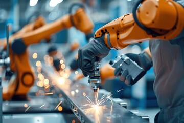 Precision Engineering: Worker Adjusting Machinery in High-Tech Manufacturing Plant