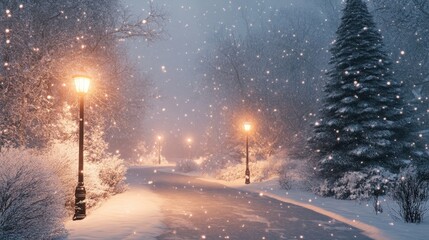 Fototapeta premium Magical Snowy Winter Wonderland Path with Glowing Streetlights