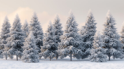 Fototapeta premium Evergreen Forest in Snow. Majestic pine trees covered in snow with a soft, golden light breaking through, highlighting the serenity of winter