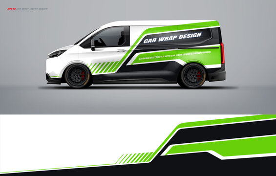 van wrap design for universal medium van, with a touch of Abstract simple racing Graphics in green, black and white with background. Vector eps print ready printable file.