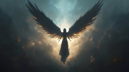Majestic Angel Descending from the Heavens Amidst Ethereal Clouds