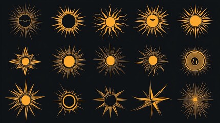 Collection of golden sun symbols on a dark background